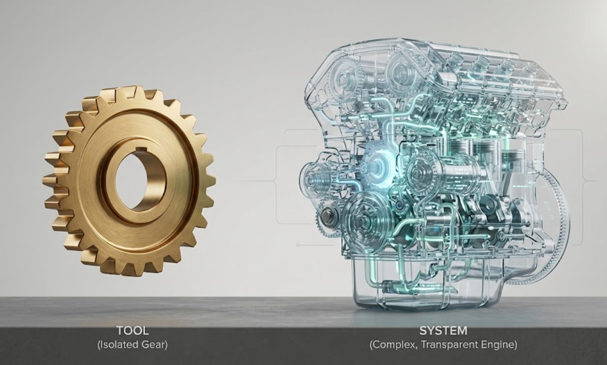 Tool as an isolated gear versus a system as a complex transparent engine
